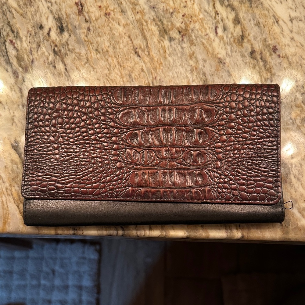 Brahmin Black Croc-Embossed Leather Wallet with Ship Medallion
